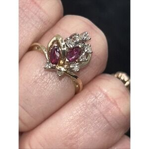 Antique 14k Solid Yellow Gold Natural Ruby & Round Diamonds Cocktail Ring Size 7